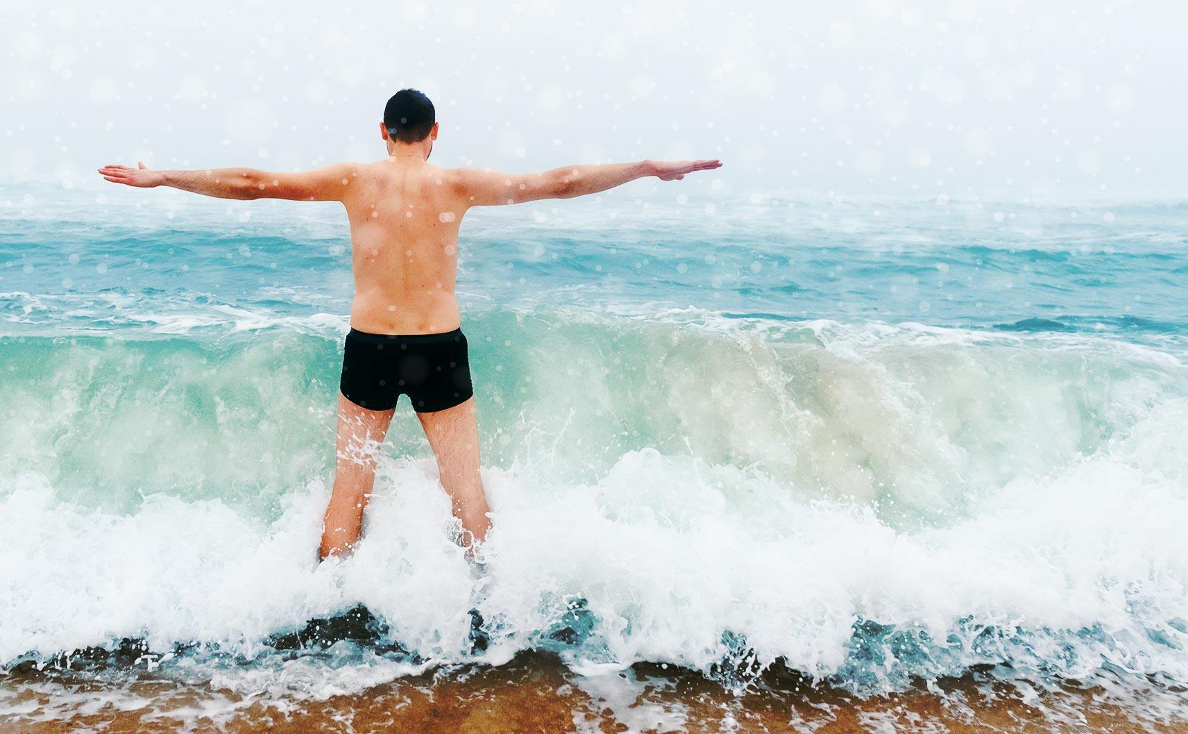 Painting of man in front of ocean